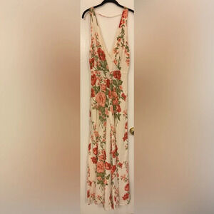 Reformation Cream Floral Wrap Jumpsuit with Red & Green Bouquet Print